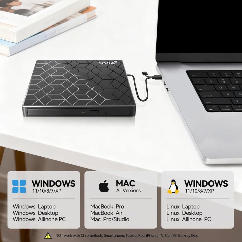VVA External CD DVD Drive, Ultra Slim CD Burner USB 3.0 with 4 USB Ports and 2 TF/SD Card Slots, Optical Disk Drive for Laptop Mac, PC Windows 11/10/8/7 Linux OS MacBook Pro/Air Desktop PC Player - Image 4